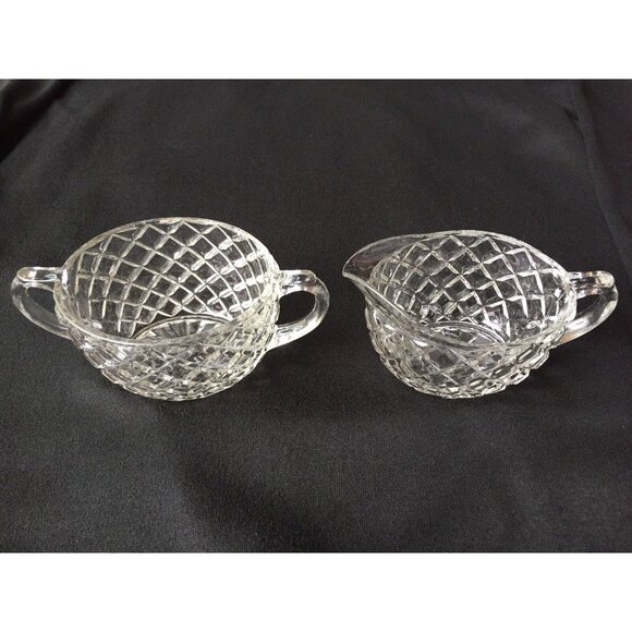 Unmarked Other - Creamer and Sugar Bowl Cut Glass Etched Diamond Lattice Vintage Set Elegant MCM